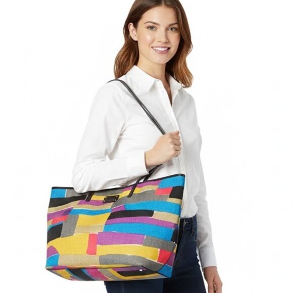 Kate Spade Multicolor Canvas Patent Leather Large Tote Bag Shopper Tote - Picture 2 of 12